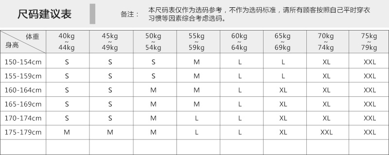 尺码推荐表